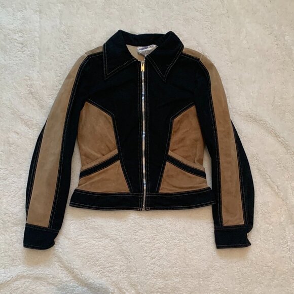 VTG 1970s Roncelli 2-Tone Black Tan Bell Bottom 2 Piece Disco Suit Sz 7/8 XS - Picture 2 of 15